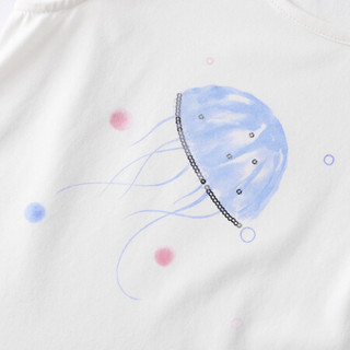 安奈儿童装女童T恤季新款海底水母水墨画风短袖T恤 米白 110cm