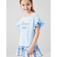 安奈儿女童短裙套装新款季洋气T恤半身裙两件套中大童 冰水蓝 130cm