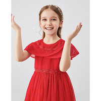 安奈儿童装女童礼裙新款复古优雅连衣裙 原力红 110cm