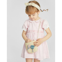 安奈儿童装女童夏装短袖梭织连衣裙2021年新款泡泡袖花边娃娃领刺绣裙子 蔷薇粉 110cm