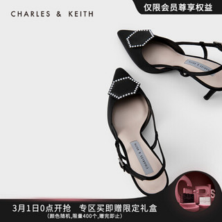 CHARLES＆KEITH2021春新品CK1-60361302女士几何装饰尖头高跟凉鞋 Black黑色 34