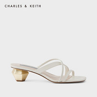 CHARLES＆KEITH2021春季新品CK1-61720068女士几何饰粗跟露趾凉鞋 粉白色Chalk 38