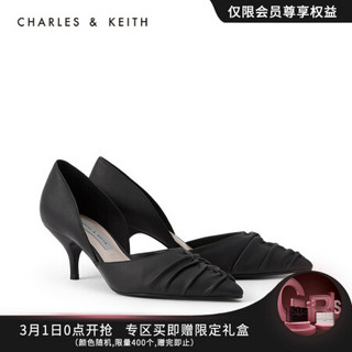 CHARLES & KEITH CHARLES＆KEITH2021春新品CK1-60361304女士褶皱鞋面尖头高跟单鞋 Black黑色 35