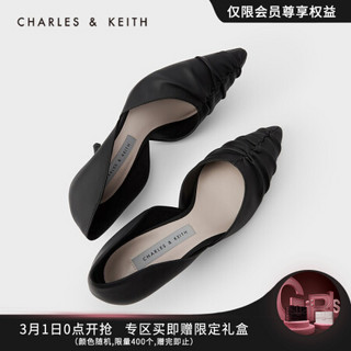 CHARLES & KEITH CHARLES＆KEITH2021春新品CK1-60361304女士褶皱鞋面尖头高跟单鞋 Black黑色 35