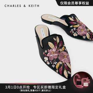 CHARLES＆KEITH2021春季新品CK1-70900282女士刺绣花卉尖头穆勒鞋 Black黑色 36