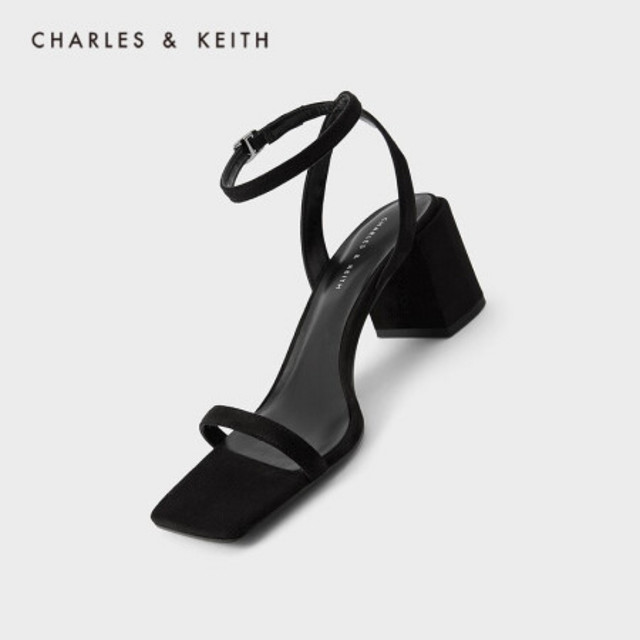 CHARLES＆KEITH2021春季新品CK1-60361338女士一字带方头高跟凉鞋Black