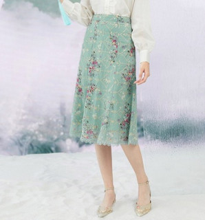 2020夏季新款国宝系列联名高腰花朵印花刺绣花边雪纺半身裙 L 绿色