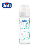 Chicco智高新生儿奶瓶晶钻玻璃印花童趣宽口径宝宝婴儿奶瓶 浅蓝色 240ML