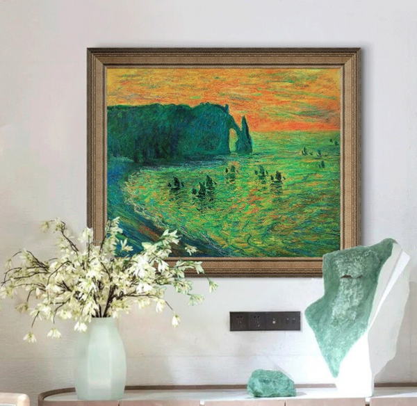 莫奈名人油画《埃特雷塔的礁石》装饰画挂画79×66cm