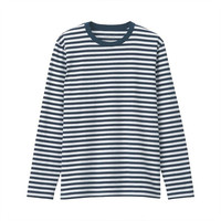 無印良品 MUJI 無印良品  男式 印度棉 天竺编织 圆领长袖T恤 21SS 新品 深藏青色条纹 XXL