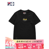 FILA FUSION斐乐 女子针织短袖衫2021春夏新款时尚印花T恤女上衣 深黑-BK 175/92A/XL