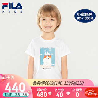 FILA KIDS斐乐官方儿童夏季圆领短袖T恤猫咪主题印花男童半袖衫 标准白-WT 110cm