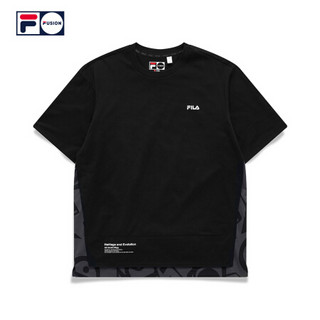 FILA FUSION潮牌男子针织短袖衫2021春夏新款潮流拼接圆领T恤上衣 深黑-BK（宽松版型，建议拍小一码） 170/92A/M