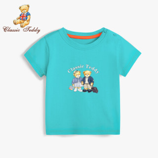 精典泰迪Classic Teddy童装儿童短袖T恤男女童上衣宝宝衣服婴儿外出服夏季2021新款 旅行熊定制款短袖T恤D3青碧色 130