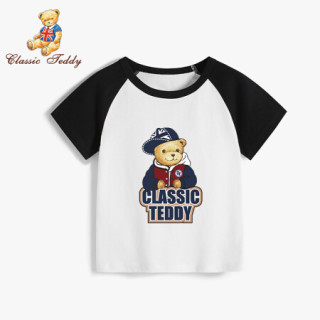 精典泰迪Classic Teddy童装儿童短袖T恤男女童插肩撞色圆领上衣宝宝衣服夏季2021新款 棒球帽子熊定制款短袖T恤C3黑色 120