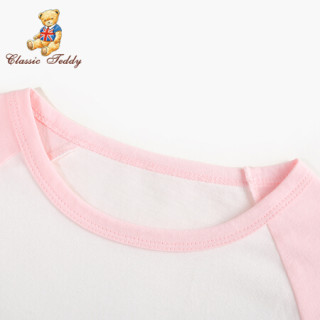 精典泰迪Classic Teddy童装儿童短袖T恤男女童插肩撞色圆领上衣宝宝衣服夏季2021新款 哈喽女定制款短袖T恤C3梦幻粉 100