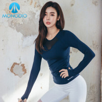 MONODIO韩国进口高端瑜伽服女健身服长袖露指上衣专业速干透气春秋冬长款跑步运动瑜伽服含胸垫运动服 藏青色 S *2件