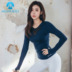 MONODIO韩国进口高端瑜伽服女健身服长袖露指上衣专业速干透气春秋冬长款跑步运动瑜伽服含胸垫运动服 藏青色 S *2件