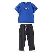 安奈儿童装男童女童短袖针织套装2021夏新款 EM121115 炫目蓝 140cm