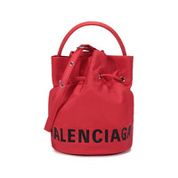 巴黎世家 BALENCIAGA 女士Wheel系列织物手提单肩斜挎包抽绳水桶包红色LOGO刺绣超小号 619458 H854N 6460