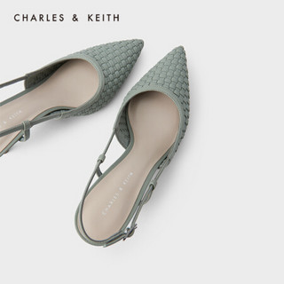 CHARLES＆KEITH2021春新品CK1-60580188女士编织鞋面尖头高跟单鞋 Sage Green灰绿色 35