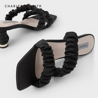 CHARLES＆KEITH2021春季新品CK1-60050916女士褶皱绊带饰高跟凉鞋 Black黑色 39