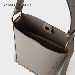 CHARLES＆KEITH2021春新品CK2-20671213女士金属铆钉饰单肩水桶包 Taupe灰褐色 L