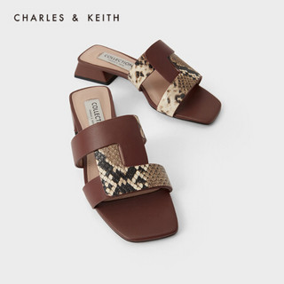 CHARLES＆KEITH2021春季新品SL1-71720059女士方头露趾低跟凉鞋 Brown棕色 40