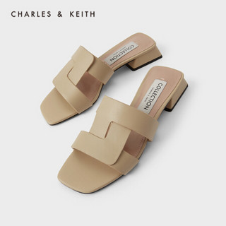 CHARLES＆KEITH2021春季新品SL1-71720059女士方头露趾低跟凉鞋 Beige米色 39