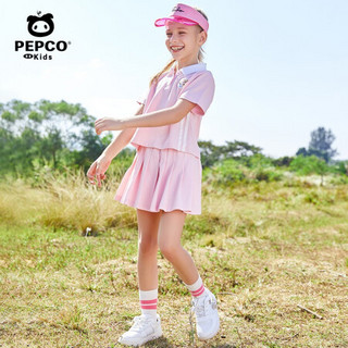 小猪班纳童装女童2021夏季新品针织套裙POLO领撞色织带休闲运动套装 米色 160cm