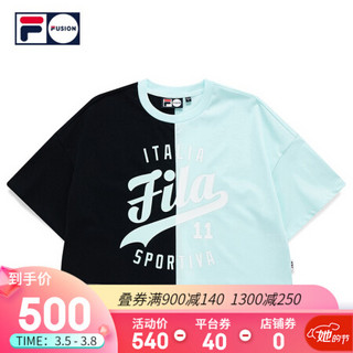 FILA FUSION 斐乐女子针织短袖衫2021春夏新款时尚撞色运动潮T恤 冰粉绿-BK（宽松版型，建议拍小一码） 165/84A/M