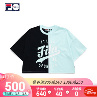 FILA FUSION 斐乐女子针织短袖衫2021春夏新款时尚撞色运动潮T恤 冰粉绿-BK（宽松版型，建议拍小一码） 165/84A/M