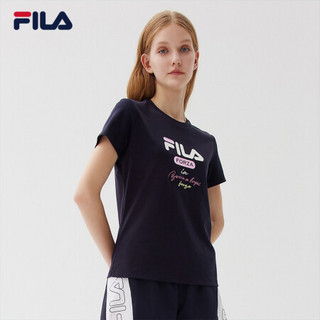 FILA 斐乐官方 女士短袖T恤2021年夏季新款印花圆领肤运动上衣 传奇蓝-NV 170/88A/L