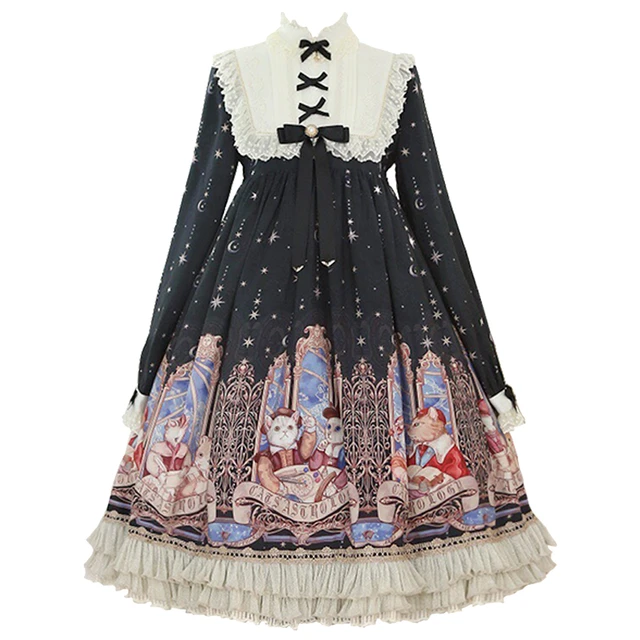 Honeyhoney Lolita洛丽塔 占星猫 女士OP长袖连衣裙 短款 黑色 小码