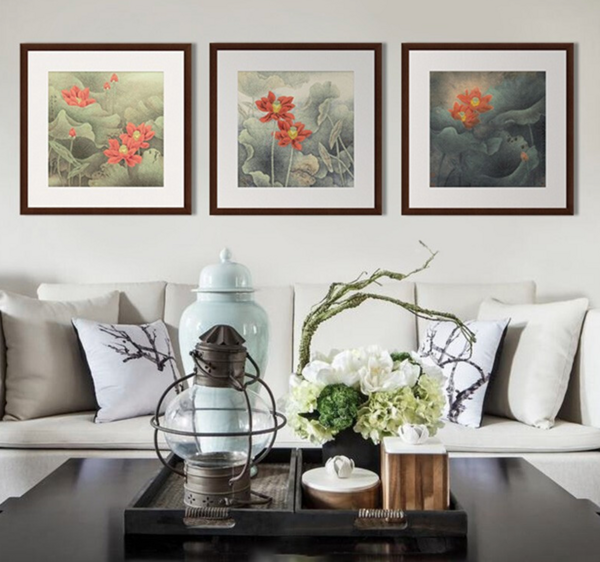  荷花系列一国画三联 走廊画廊茶屋背景墙装饰画挂画 67×67cm