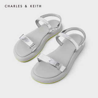 CHARLES＆KEITH2021春新品CK1-70900205女士魔术贴运动风平跟凉鞋 Silver银色 38