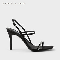 CHARLES＆KEITH2021春新品CK1-60361322女士半宝石饰方头高跟凉鞋 Black黑色 38