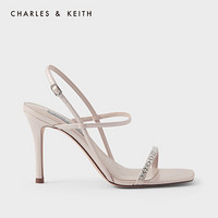 CHARLES＆KEITH2021春新品CK1-60361322女士半宝石饰方头高跟凉鞋 Nude肉色 34