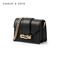 CHARLES＆KEITH2021夏新品CK2-80781461女士金属插带饰斜挎小方包 Black黑色 S