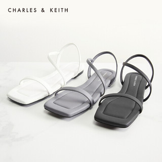 CHARLES＆KEITH2021春季新品CK1-70050127女士斜绊带方头平跟凉鞋 White白色 36