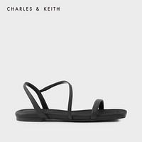 CHARLES＆KEITH2021春季新品CK1-70050127女士斜绊带方头平跟凉鞋 Black黑色 36