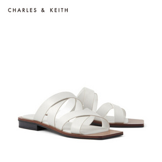 CHARLES＆KEITH2021春季新品CK1-70280016女士交叉带方头低跟凉鞋 White白色 38