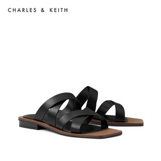 CHARLES＆KEITH2021春季新品CK1-70280016女士交叉带方头低跟凉鞋 Black黑色 35