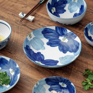 美浓烧 日本进口陶瓷家用釉下彩高脚防烫米饭碗日式和风复古餐具 8.5英寸餐盘
