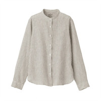 无印良品muji女式亚麻水洗立领衬衫象牙色条纹m