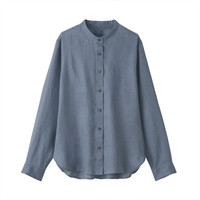 無印良品 MUJI 無印良品 女式 亚麻水洗 立领衬衫 烟熏蓝色 L
