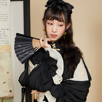 十三余小豆蔻儿刺绣黑色小立领长袖短款高腰连衣裙女