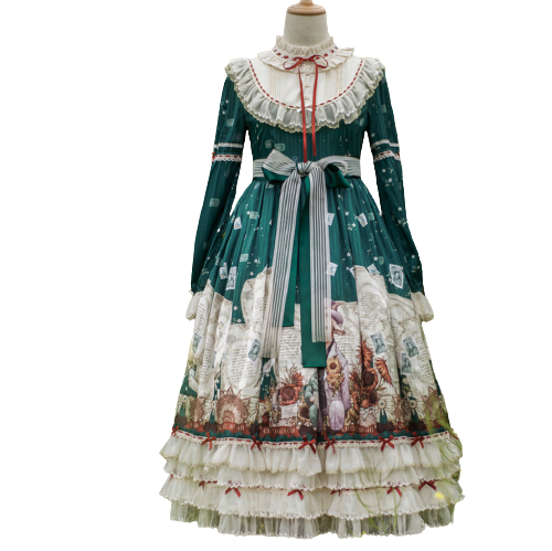 CherryBomb 樱桃爆弹 Lolita洛丽塔 古典 文森特·梵高的来信 女士OP有袖连衣裙 长款 墨绿色 XS