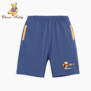 精典泰迪Classic Teddy童装儿童裤子男童短裤中小童夏季五分裤男孩外出休闲运动裤2021新款 踢球字母熊袋贴撞色牛仔蓝 80