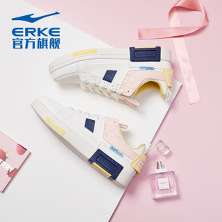 ERKE 鸿星尔克 官方旗舰女鞋休闲鞋 2020新款夏季ins百搭运动鞋防滑舒适万花筒系列滑板鞋女 12120301019 橡芽白/颜粉 37